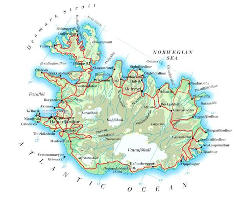 Large detailed physical map of Iceland with cities, roads and airports ...