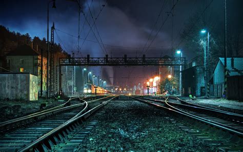 Train rail, railway station, night, train, train station HD wallpaper ...