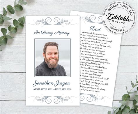 Editable Funeral Prayer Card Template Printable Memorial | Etsy