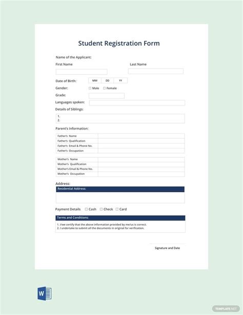 Student Registration Form Template in MS Word, Portable Documents, GDocsLink - Download ...