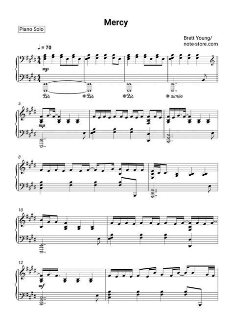 Brett Young - Mercy sheet music for piano download | Piano.Solo SKU PSO0001035 at