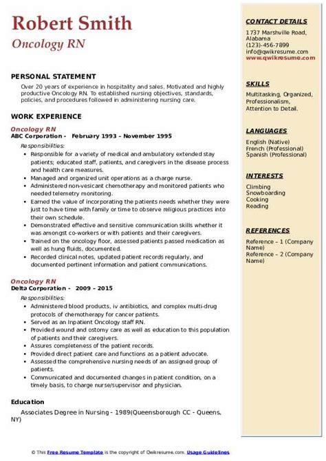 Oncology Nurse Resume Sample