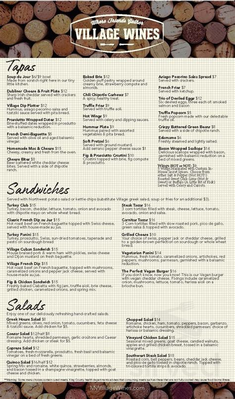 Village Wines menu in Woodinville, Washington, USA