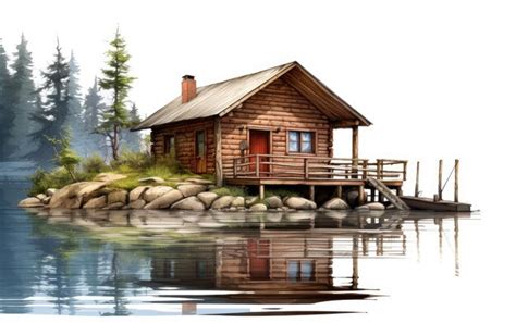 Premium AI Image | Cabin by the Peaceful Lake on White Background