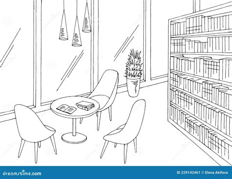 Library Interior Graphic Black White Modern Sketch Illustration Vector ...