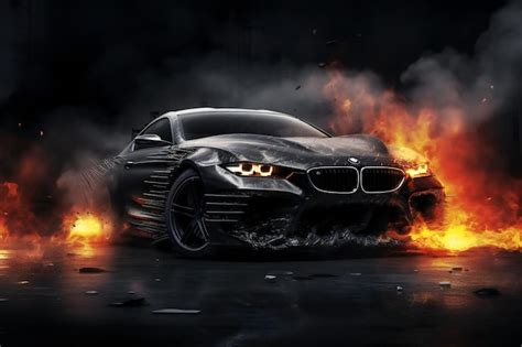 Premium AI Image | Black car in fire and flames on dark background