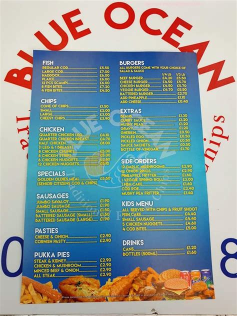 Online Menu of Blue Ocean Fish And Chips Restaurant, Taunton, United ...