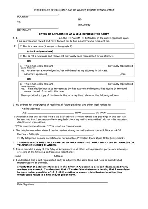 Entry Of Appearance As A Self-Represented Party - Court Of Common Pleas ...