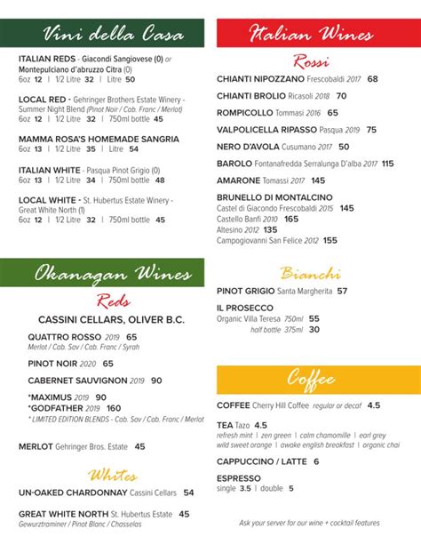 Drink Menu 2023 - Mamma Rosa | Authentic Italian Restaurant