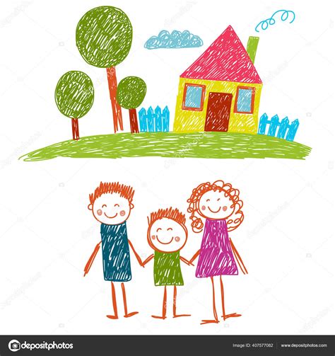 Happy family with house. Kids drawing. Kindergarten children ...