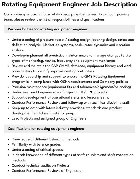 Rotating Equipment Engineer Job Description | Velvet Jobs