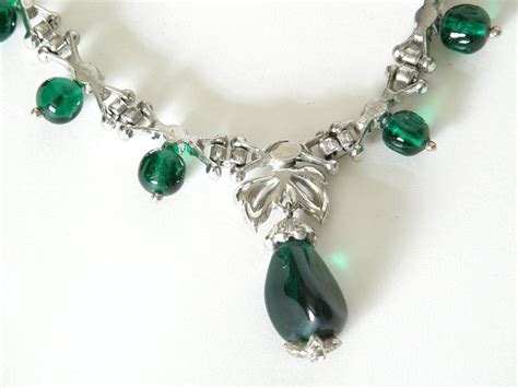 Rhinestone and Faux Emerald Drop Necklace at 1stdibs