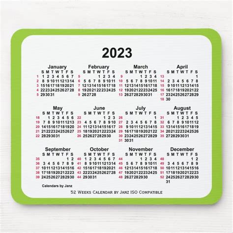 2023 Yellow Green 52 Weeks ISO Calendar by Janz Mouse Pad | Zazzle | Calendar printables ...