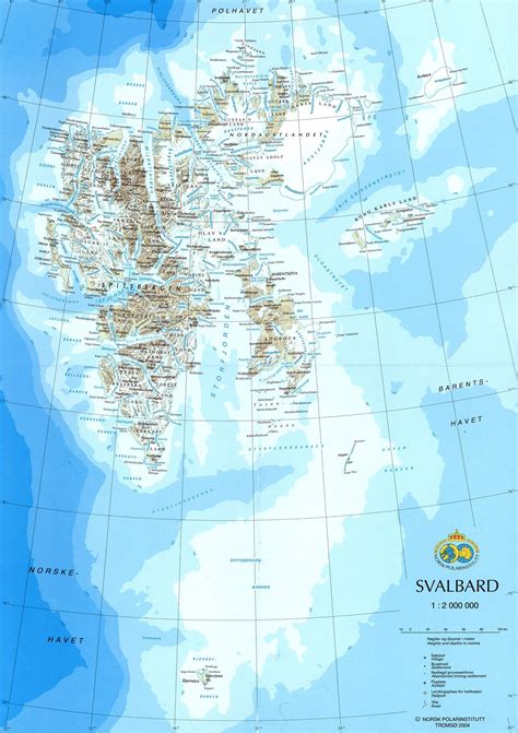 Large detailed map of Svalbard with relief, roads, cities and airports ...