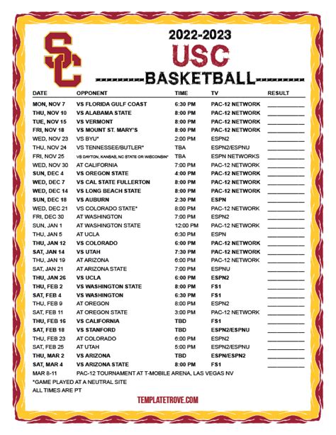 Printable 2022-2023 USC Trojans Basketball Schedule