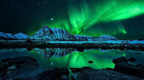 HD wallpaper: river, landscape, aurora borealis, trees, mist, starry ...