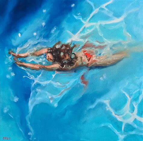 Swimming Lady - Swimming Woman in Ocean Turquoise Water Painting by Daria Gerasimova | Saatchi Art