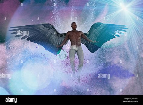 Man with angel wings flying in purple sky Stock Photo - Alamy