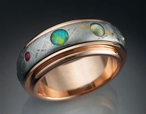 18k Gold Nine Planets Ring with Meteorite & Gemstones - Metamorphosis Jewelry Design