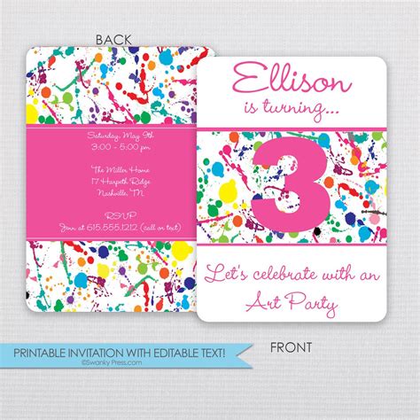 Paint Splatter Art Party Invitation Instant Download & Editable File Personalize at Home With ...