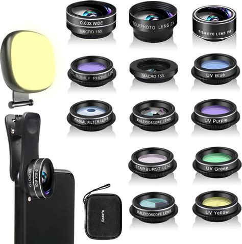 Godefa Phone Camera Lens Kit, 14 in 1 Lenses with Selfie Light for ...