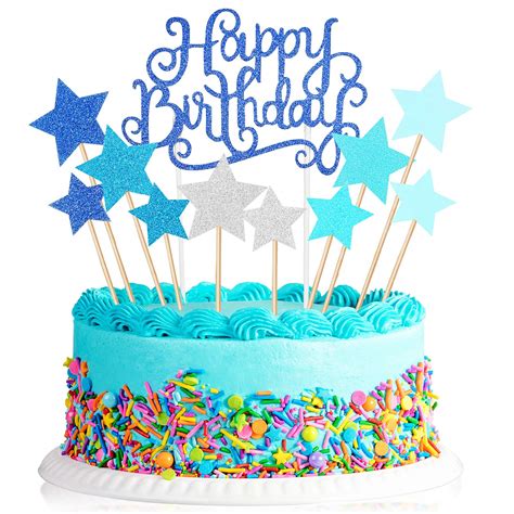 Glitter Cake Decorating Toppers, Blue Happy Birthday Cake Topper with ...