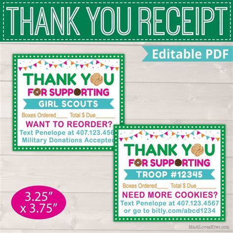 LBB Girl Scout Cookie Thank You Card, Printable Order Sale Receipt ...