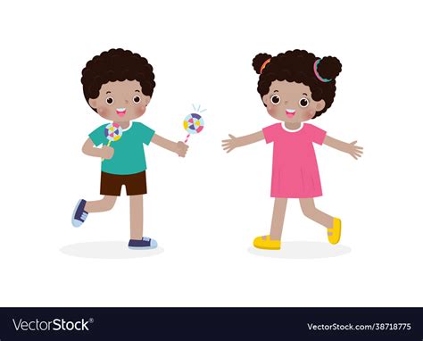 Happy cute little kids sharing candy to friend Vector Image