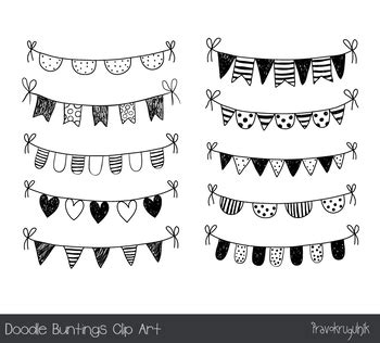 Handmade doodle bunting clip art, Birthday party banner, Black white flags dots