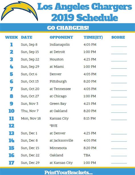 Printable Los Angeles Chargers Schedule - 2019 Season | Los angeles chargers, Chargers football ...