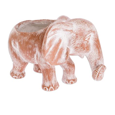 Hand Crafted Elephant Planter - Rustic Elephant in Brown | NOVICA