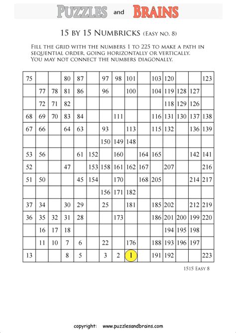 Printable easier level 15 by 15 grid Numbrix Number Snake logic puzzles ...