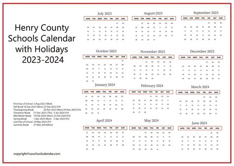 Henry County Schools Calendar with Holidays 2023-2024