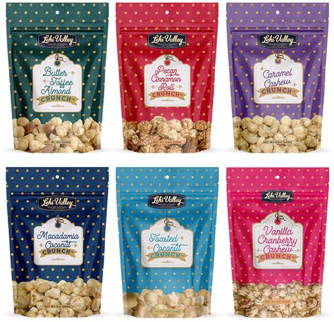 Our gourmet popcorn flavors shown in their bags