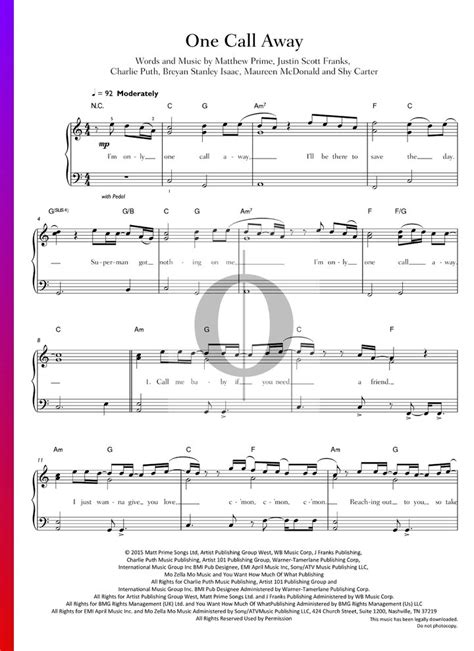 One Call Away (Charlie Puth) Piano Sheet Music - OKTAV