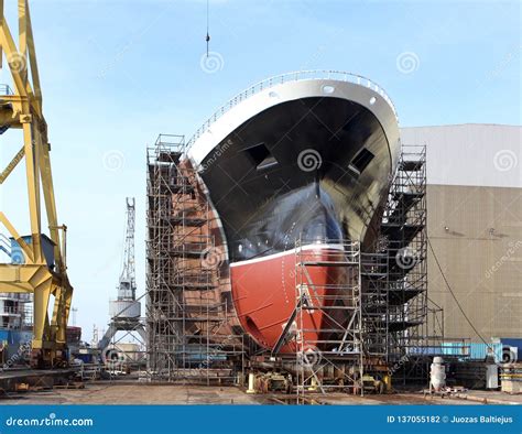 Hull Of Big Ship Under Construction At Shipyard.The Part Of The New ...