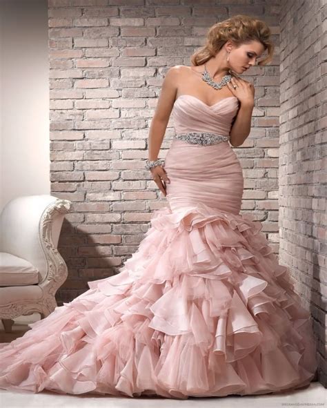 Fashion 2016 Organza Mermaid Wedding Dress Long Light Pink Tiered Ruffles Beads Crystal Sashes ...