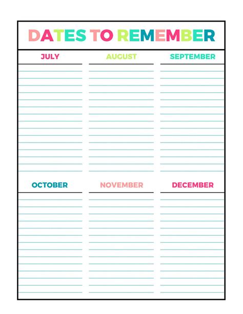 Bright Dates To Remember Printable Page Letter Size PDF Home | Etsy Mom Planner, Family Planner ...