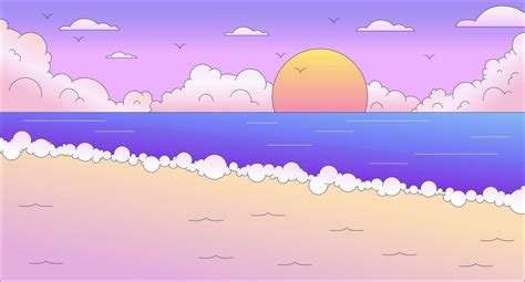 Seascape sunset lo fi chill wallpaper. Sunrise ocean waves. Ocean coast. Sun and sand 2D vector ...