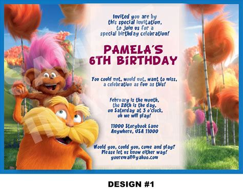 Printable birthday invitations, Lorax party, Invitation card birthday