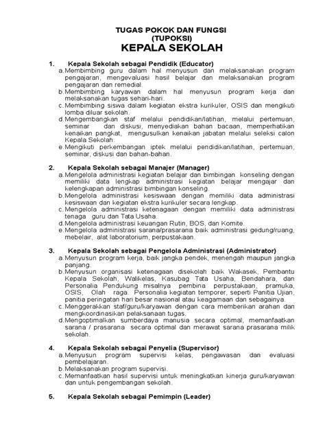 Contoh Tupoksi Kepala Sekolah, Wakasek, PKS Kurikulum | PDF