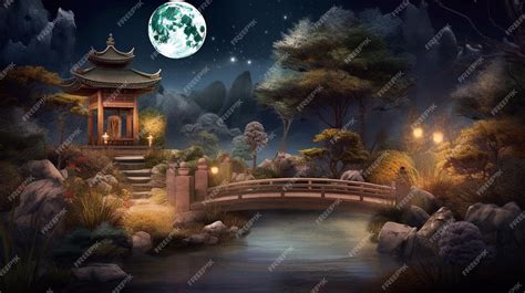 Premium Photo | A Japanese garden at night with a full moon