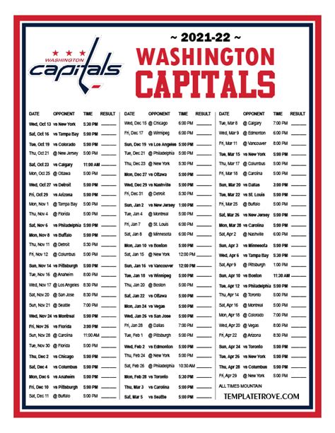 Printable 2021-2022 Washington Capitals Schedule