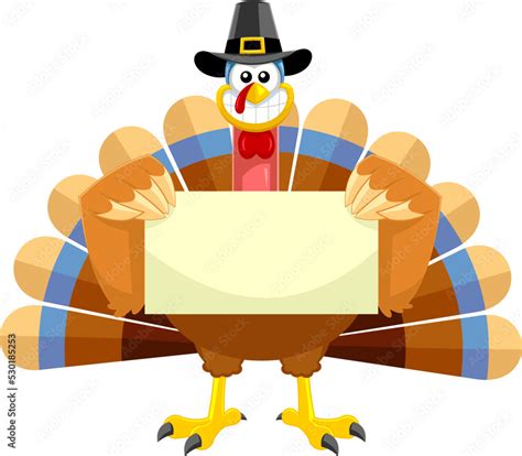 Smiling Turkey Cartoon Character With Pilgrim Hat Holding A Blank Sign ...