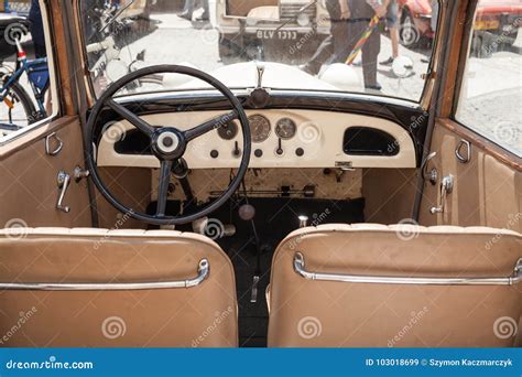 Exhibition of Old Cars. Interior of an Old Car. the Old Model MG Car. Old Design in Cars. White ...