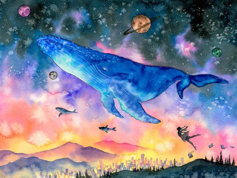 Whale diving into fantasy space Painting by CYC Studio - Pixels