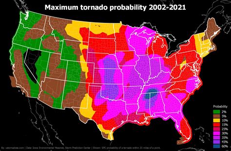 Maximum tornado probabilities ever issued by the Storm Prediction Center : r/dataisbeautiful