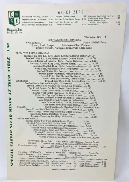 VINTAGE 1961 KINGSLEY Inn Restaurant Appetizer Menu Bloomfield Hills Michigan £38.52 - PicClick UK