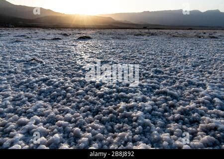 Africa, Djibouti, Lake Assal. Salt crystals emerging from the water with mountains in the ...