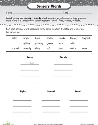 Sensory Words | Worksheet | Education.com | Sensory words, Sensory language, Descriptive writing